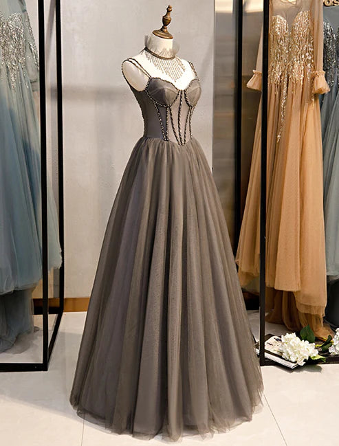 Luolandi A-Line Prom Dresses Open Back Dress Formal Wedding Guest Floor Length Sleeveless Spaghetti Strap Tulle with Pleats Without Neck accessories