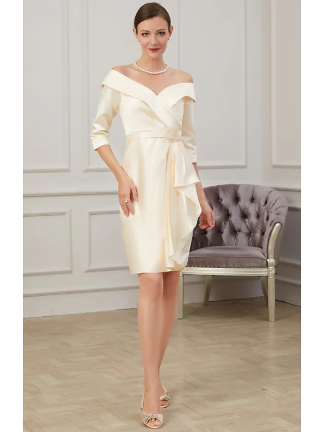 Luolandi Mother of the Bride Dress Plus Size Off Shoulder Knee Length Polyester Half Sleeve with Ruffles