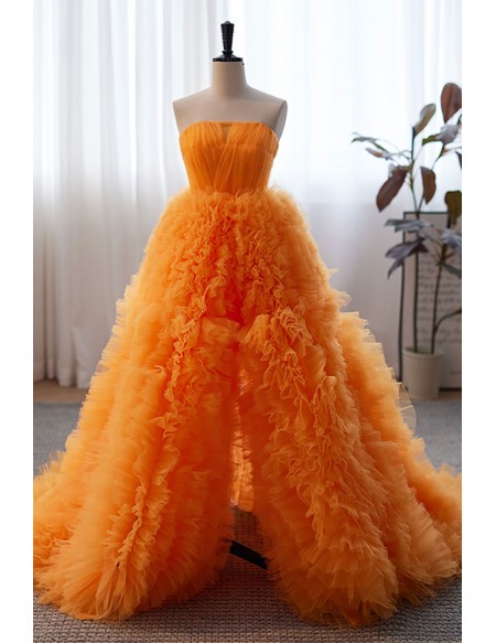 Luolandi Orange Ruffled High Low Puffy Prom Dress Ball Gown Off Shoulder With Slit