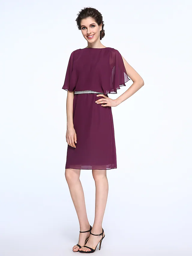 Luolandi Mother of the Bride Dress Elegant Bateau Neck Knee Length Chiffon Half Sleeve with Crystals Grape