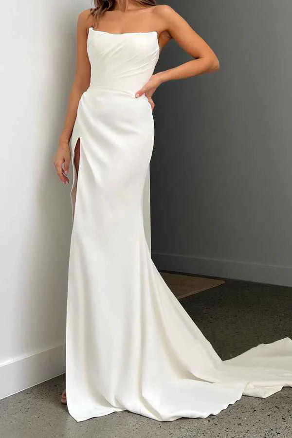 Luolandi Leisure satin speaker without shoulder strap pleats side slit beach wedding dress Ivory