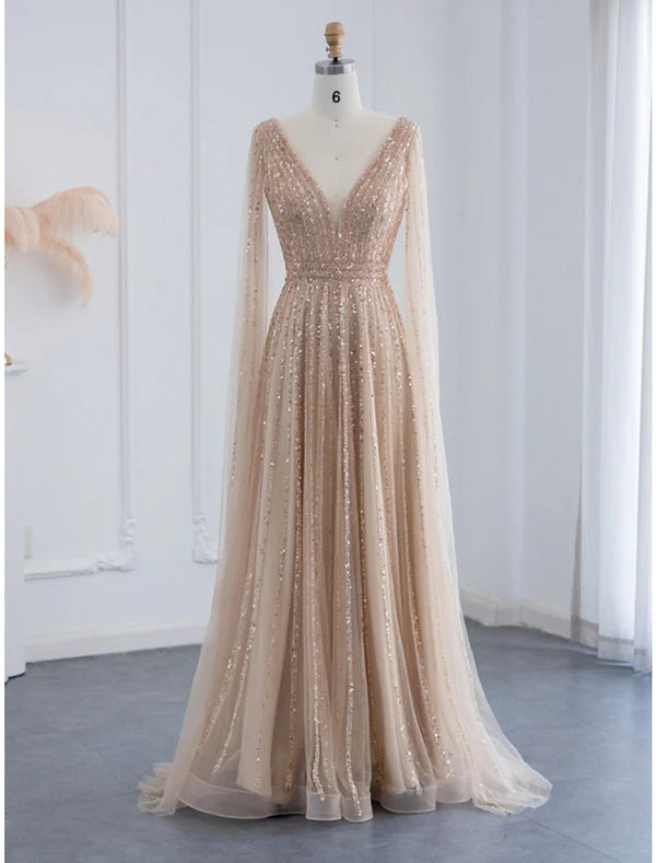 Luolandi A-Line Evening Gown Sparkle & Shine Dress Formal Fall Sweep / Brush Train Long Sleeve V Neck Sequined with Glitter Pleats Beautiful