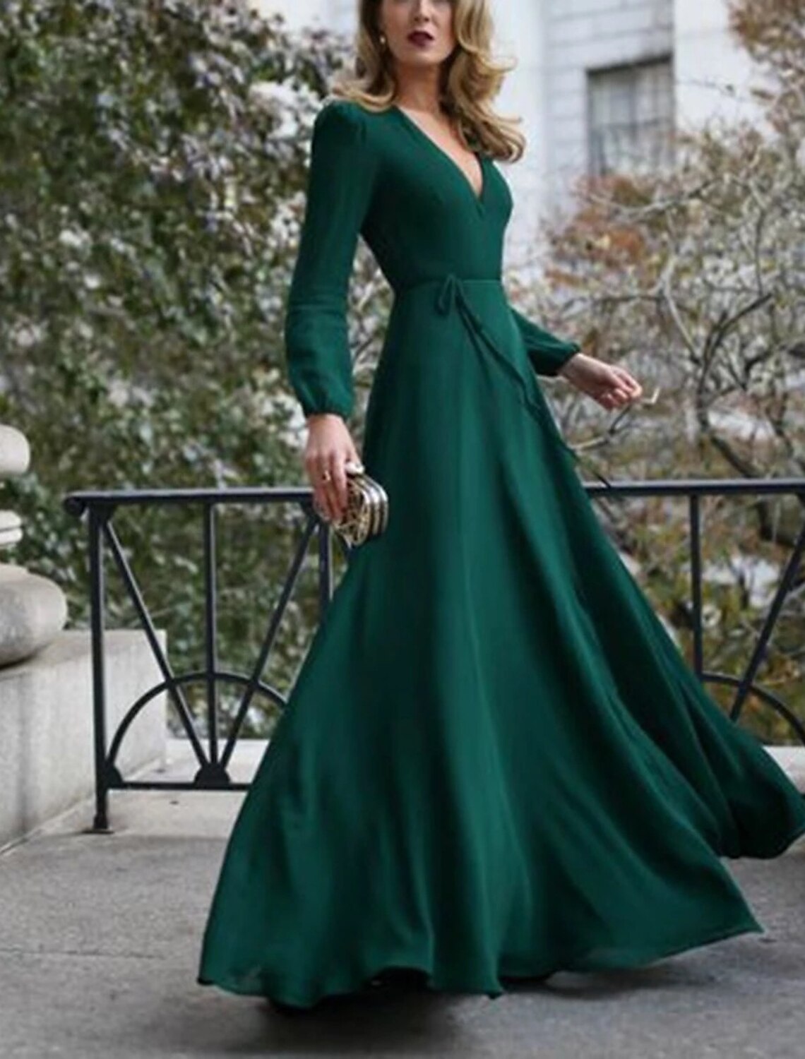 Luolandi A-Line Minimalist Elegant Wedding Guest Formal Evening Dress V Neck Long Sleeve Floor Length Chiffon with Strappy