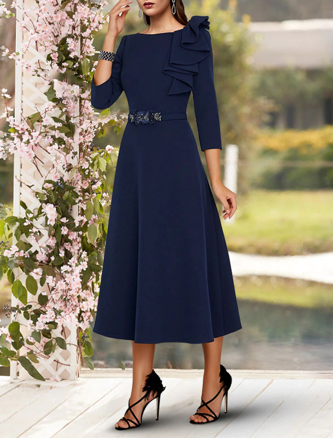 Luolandi A-Line Mother of the Bride Dress Wedding Guest Elegant Jewel Neck Tea Length Fabric 3/4 Length Sleeve with Sash / Ribbon Side