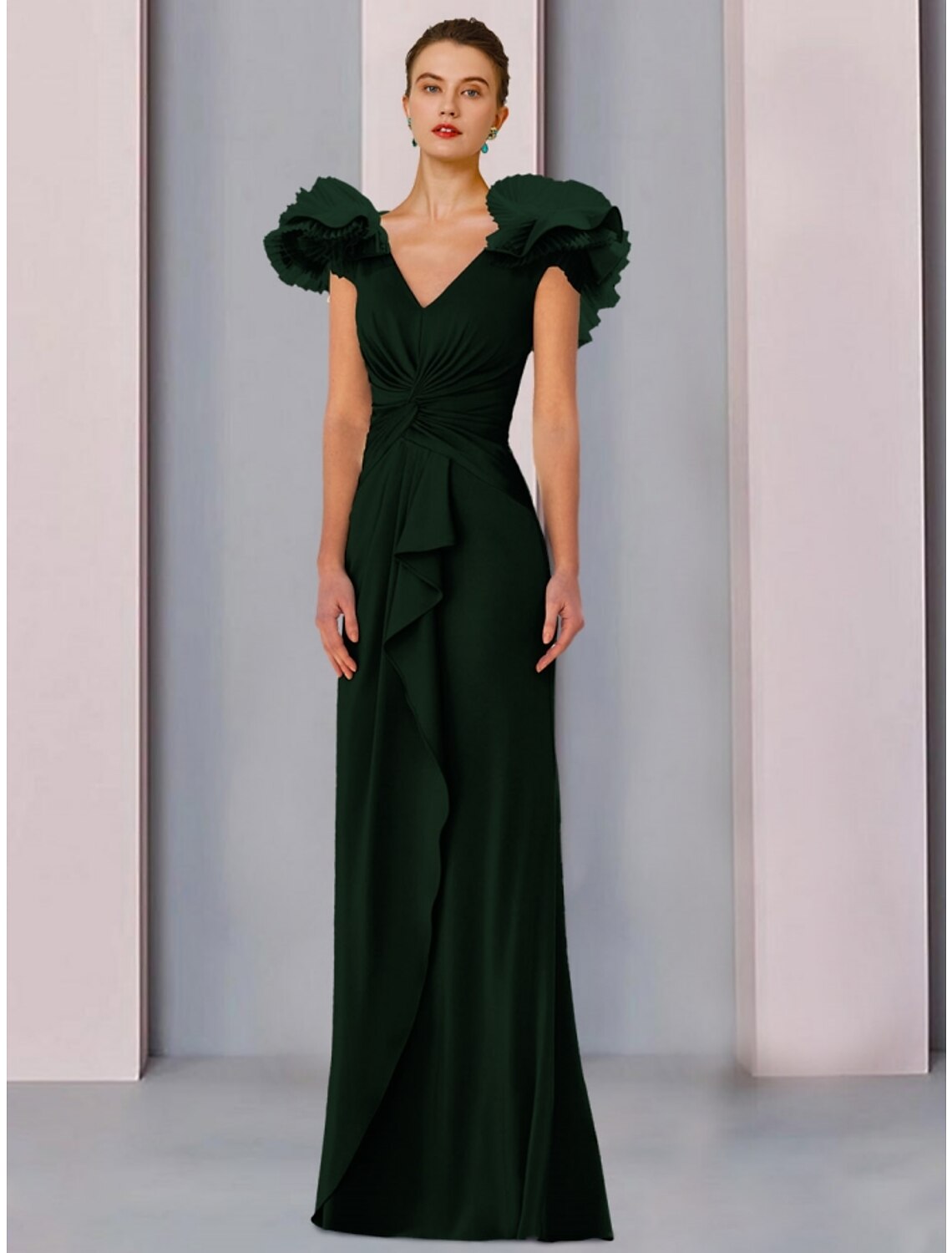 Luolandi A-Line Mother of the Bride Dress Wedding Guest Elegant V Neck Floor Length Fabric Short Sleeve with Ruffles Ruching