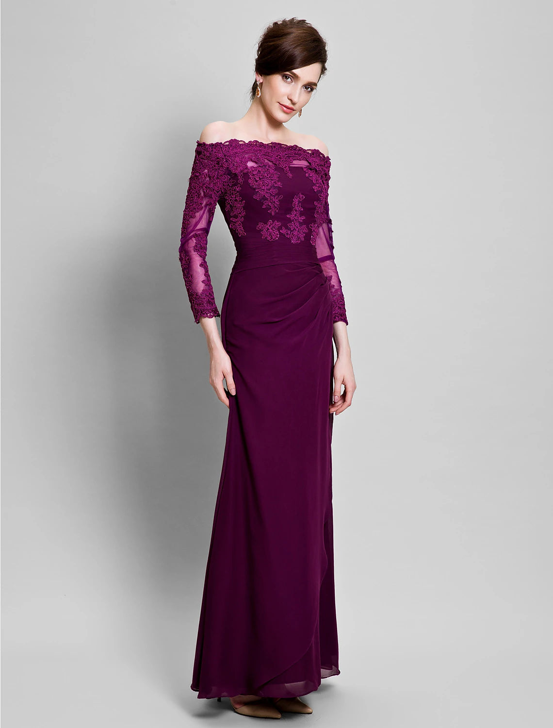 Luolandi Sheath / Column Mother of the Bride Dress Off Shoulder Floor Length Chiffon Tulle No with Ruched Appliques