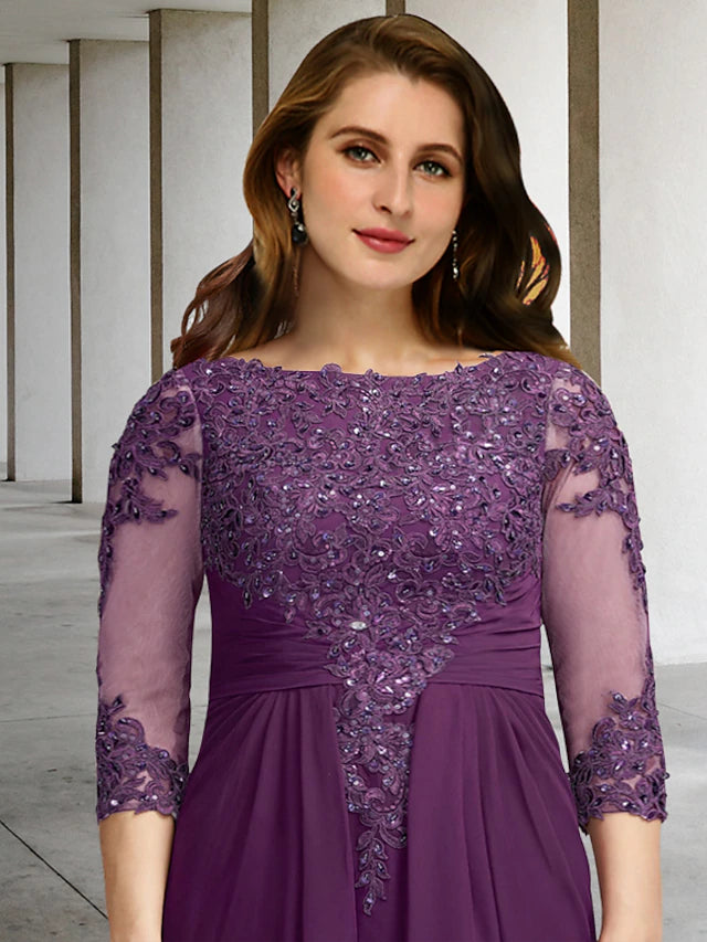 Luolandi Sheath / Column Plus Size Curve Mother of the Bride Dresses Luxurious Dress Formal Floor Length Half Sleeve Jewel Neck Chiffon