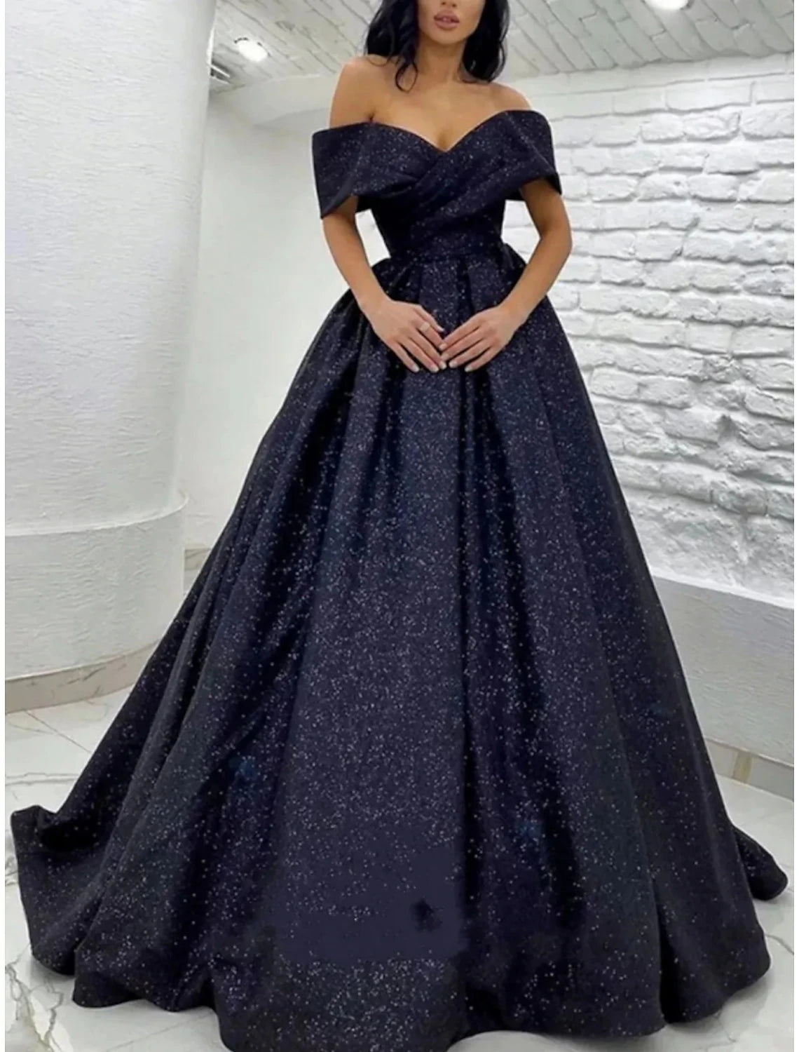 Luolandi A-Line Prom Dresses Elegant Dress Tie Gala Sweep / Brush Train Short Sleeve Off Shoulder Sequined Sparkly Evening Dress