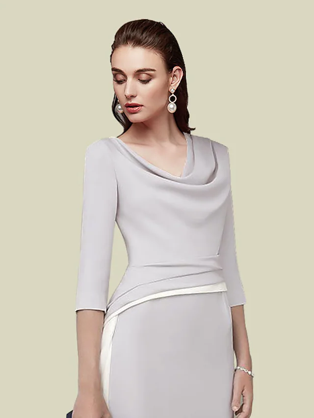 Luolandi Mother of the Bride Dress Elegant Jewel Neck Tea Length Italy Satin Half Sleeve with Ruching Light gray