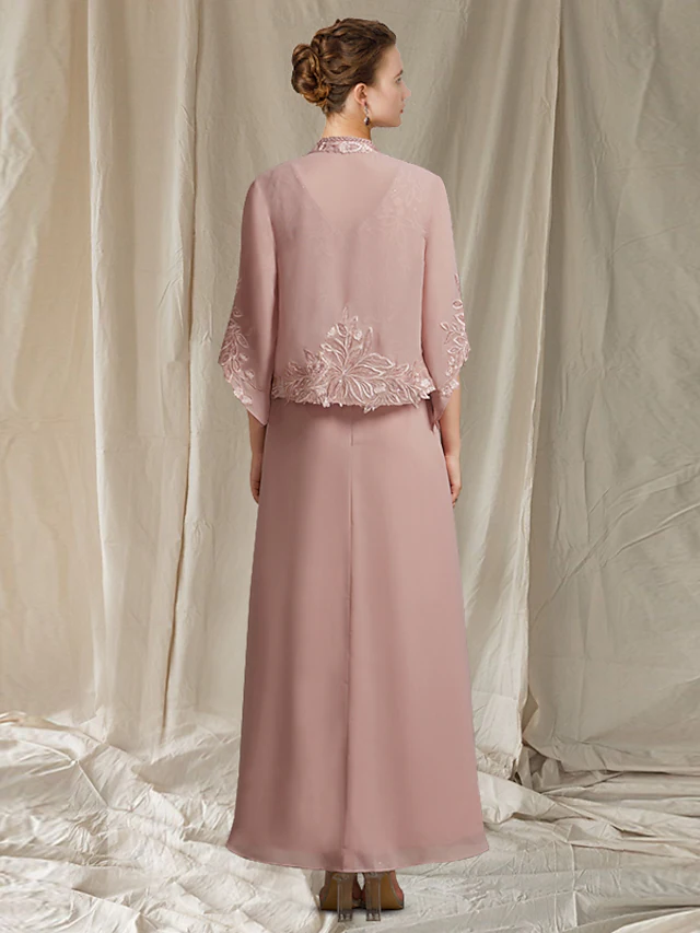 Luolandi Mother of the Bride Dress Elegant Wrap Included V Neck Ankle Length Chiffon Lace Sleeveless with Beading