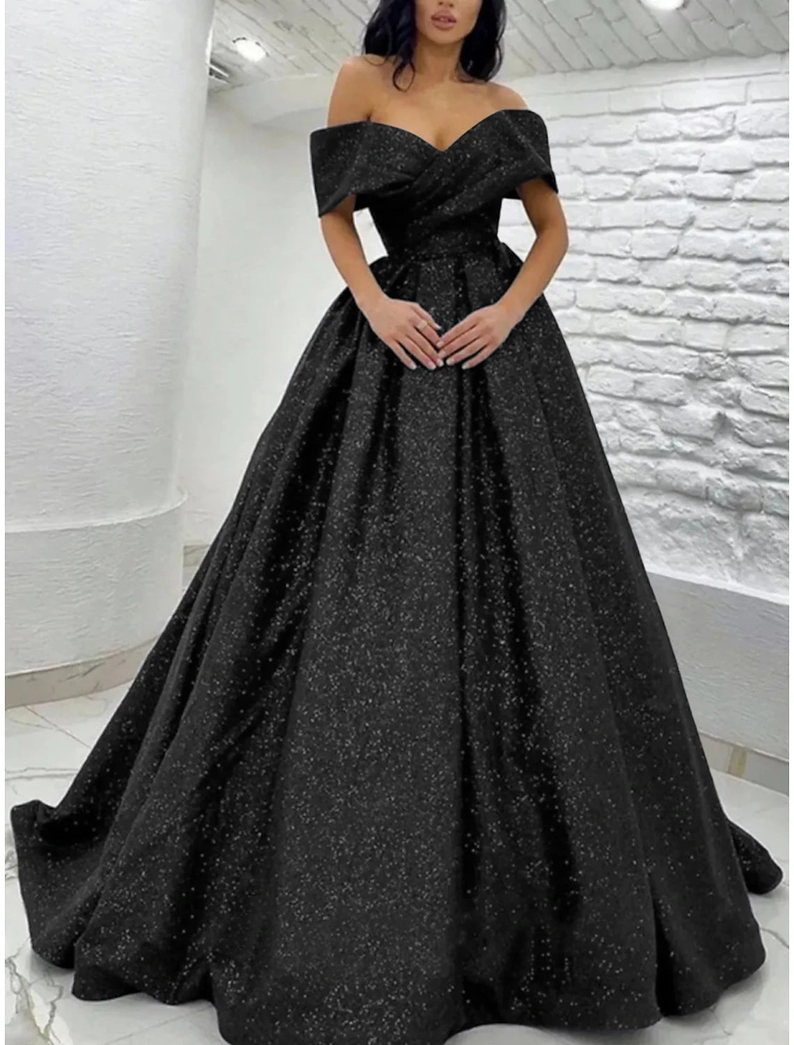 Luolandi A-Line Prom Dresses Elegant Dress Tie Gala Sweep / Brush Train Short Sleeve Off Shoulder Sequined Sparkly Evening Dress