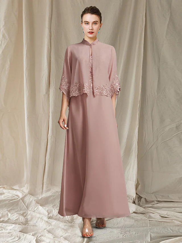 Luolandi Mother of the Bride Dress Elegant Wrap Included V Neck Ankle Length Chiffon Lace Sleeveless with Beading