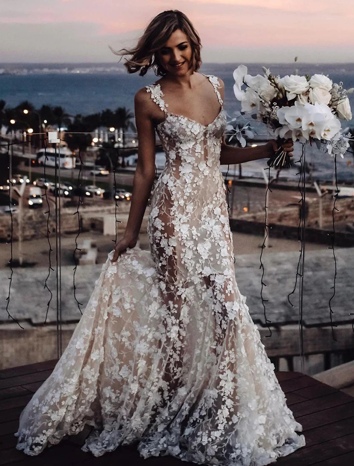 Luolandi Beach Sexy Boho Wedding Dresses Mermaid Sweetheart Regular Straps Court Train Lace Bridal Gowns With Appliques Summer Fall Wedding Party