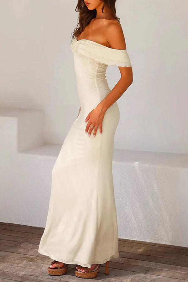 Luolandi Sexy solid color pleated slim edge off shoulder one step dress evening party dress Apricot