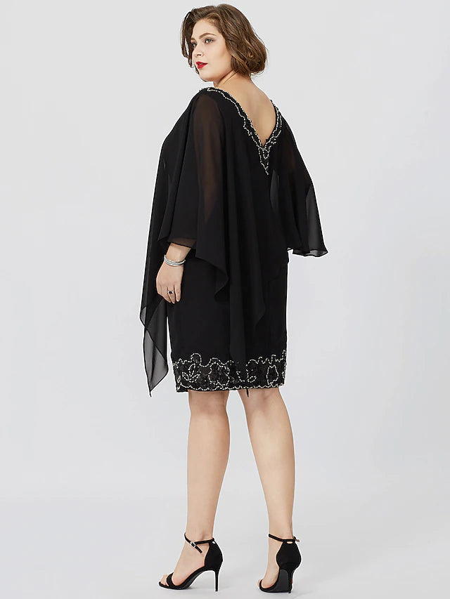 Luolandi Sheath / Column Mother of the Bride Dress Formal Classic & Timeless Elegant & Luxurious Plus Size V Neck Knee Length Chiffon Sleeveless No with Beading