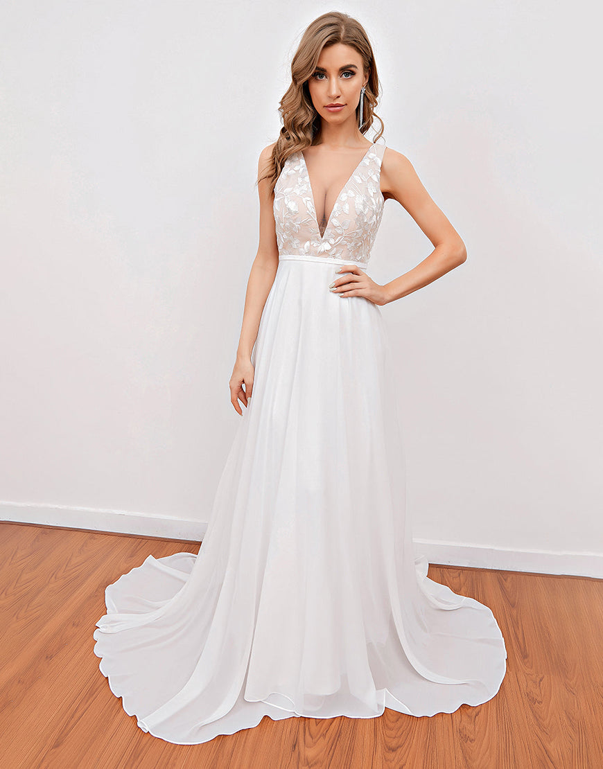 Luolandi Embroidery Wedding Dress V-neck Open Back Floor Length Beautiful