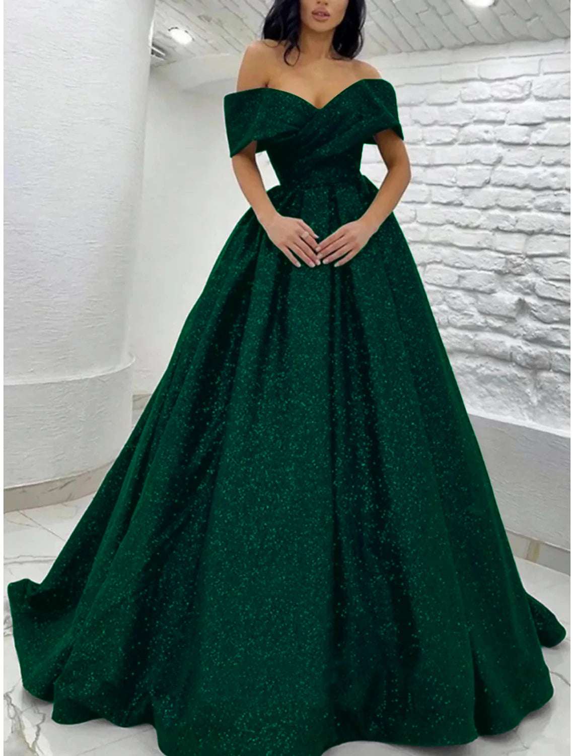 Luolandi A-Line Prom Dresses Elegant Dress Tie Gala Sweep / Brush Train Short Sleeve Off Shoulder Sequined Sparkly Evening Dress