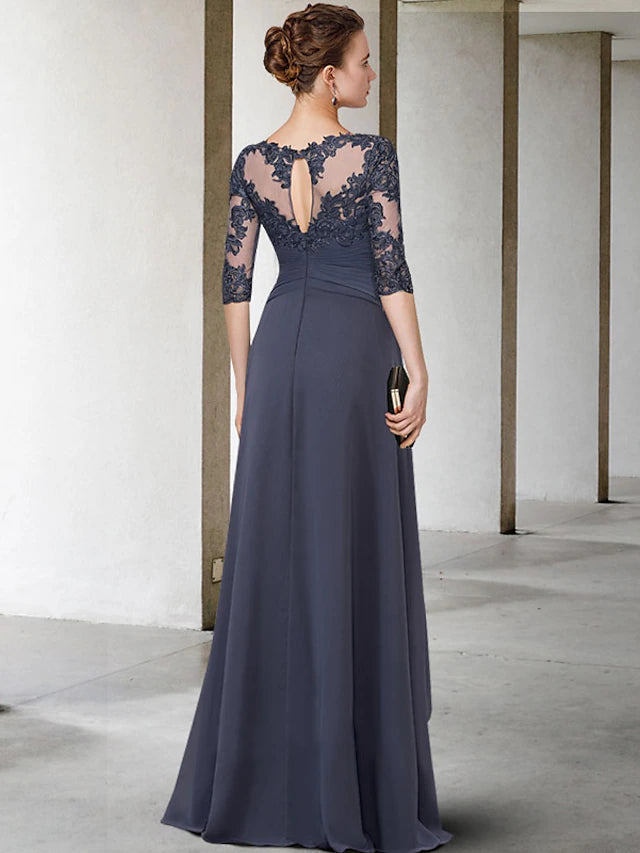 Luolandi A-Line Mother of the Bride Dress Plus Size Elegant Jewel Neck Floor Length Chiffon Lace 3/4 Length Sleeve with Pleats