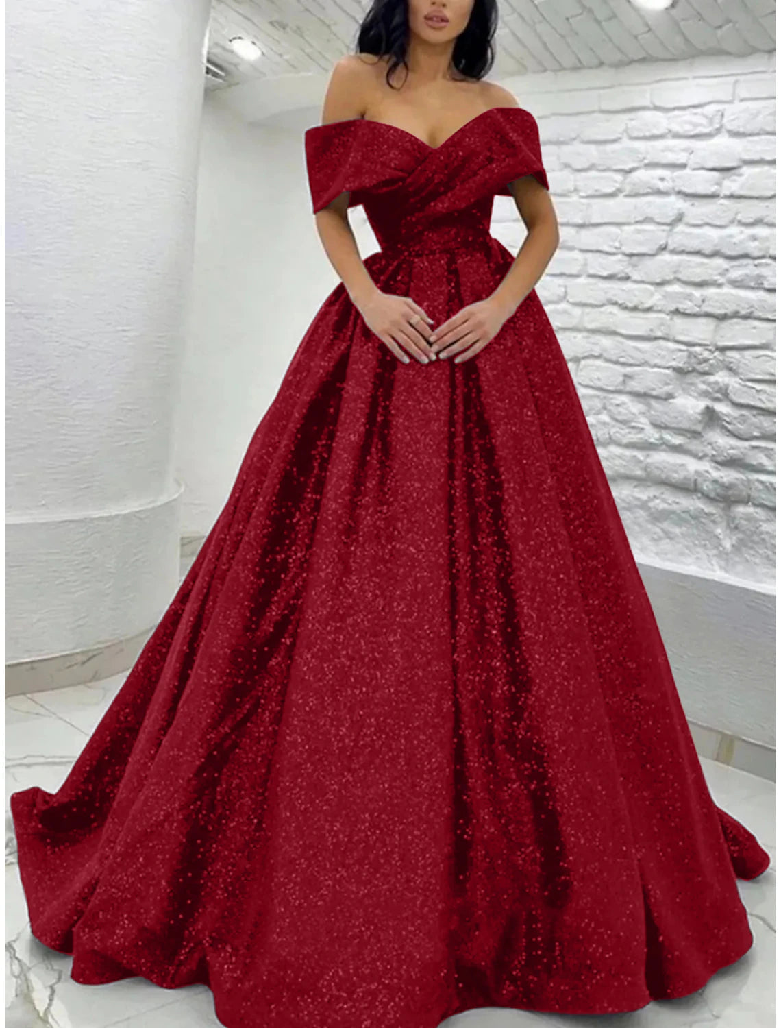 Luolandi A-Line Prom Dresses Elegant Dress Tie Gala Sweep / Brush Train Short Sleeve Off Shoulder Sequined Sparkly Evening Dress