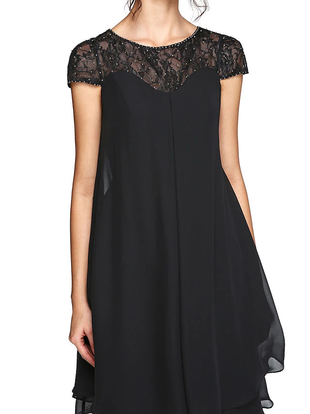 Luolandi A-Line Mother of the Bride Dress Plus Size Elegant Illusion Neck Knee Length Chiffon Lace Short Sleeve