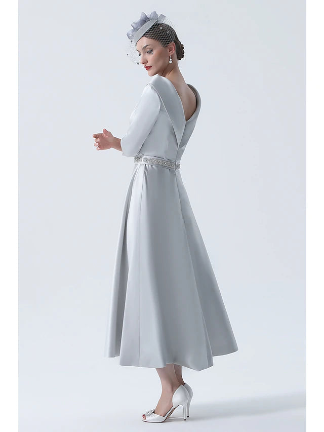 Luolandi A-Line Mother of the Bride Dress Wedding Guest Vintage Plus Size Elegant Bateau Neck Tea Length Satin 3/4 Length Sleeve