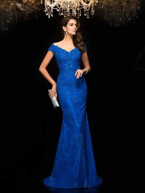 Luolandi V-neck Lace Sleeveless Long Lace Mother of the Bride Dresses Blue Floor Length