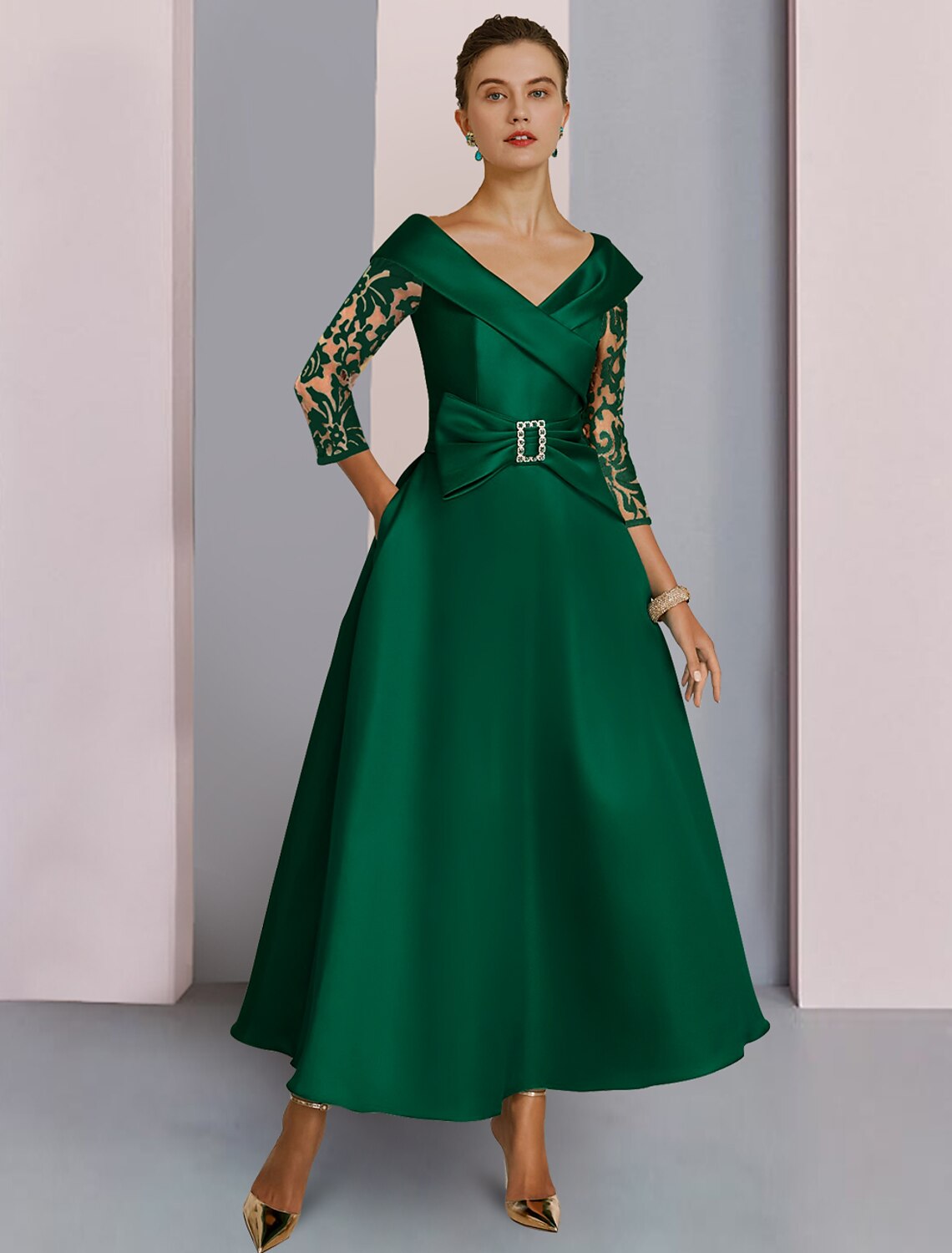 Luolandi A-Line Mother of the Bride Dress Formal Wedding Guest Elegant V Neck Tea Length Satin Lace Sequined 3/4 Length Sleeve with Bow(s) Crystal