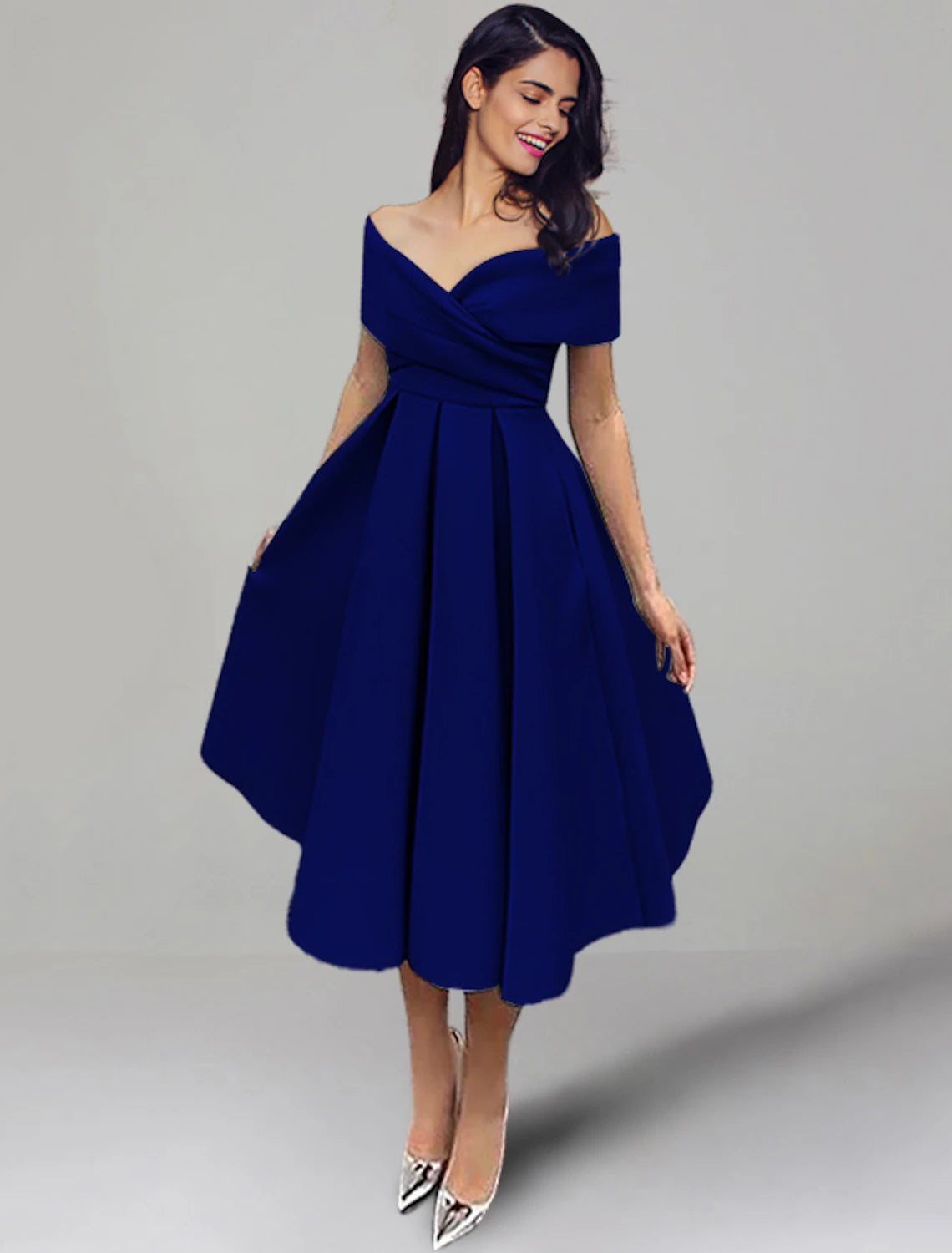 Luolandi A-Line Wedding Guest Dresses 1950s Dress Summer Tea Length Sleeveless Off Shoulder Satin