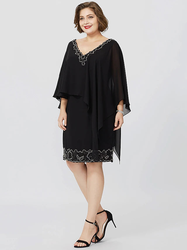 Luolandi Sheath / Column Mother of the Bride Dress Formal Classic & Timeless Elegant & Luxurious Plus Size V Neck Knee Length Chiffon Sleeveless No with Beading