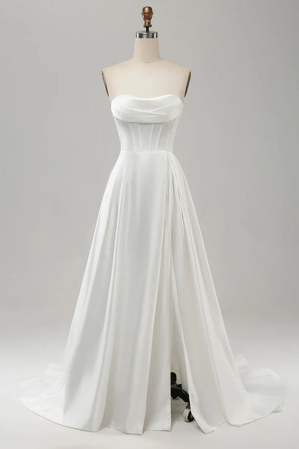 Luolandi Elegant A-line strapless pleated sweep trailing slit Off Shoulder Wedding Dresses