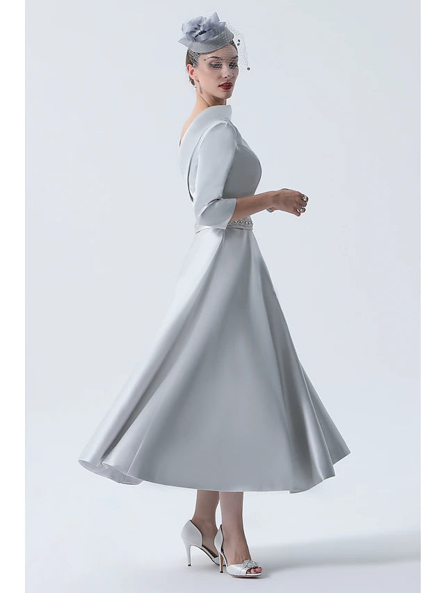 Luolandi A-Line Mother of the Bride Dress Wedding Guest Vintage Plus Size Elegant Bateau Neck Tea Length Satin 3/4 Length Sleeve