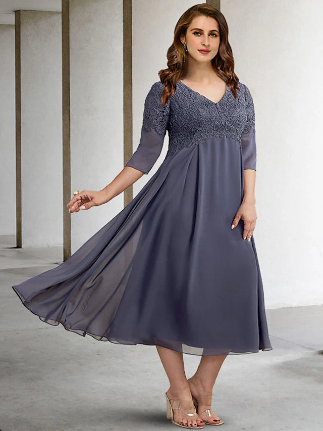 Luolandi A-Line Plus Size Curve Mother of the Bride Dresses Elegant Dress Formal Tea Length Half Sleeve V Neck Chiffon with Buttons