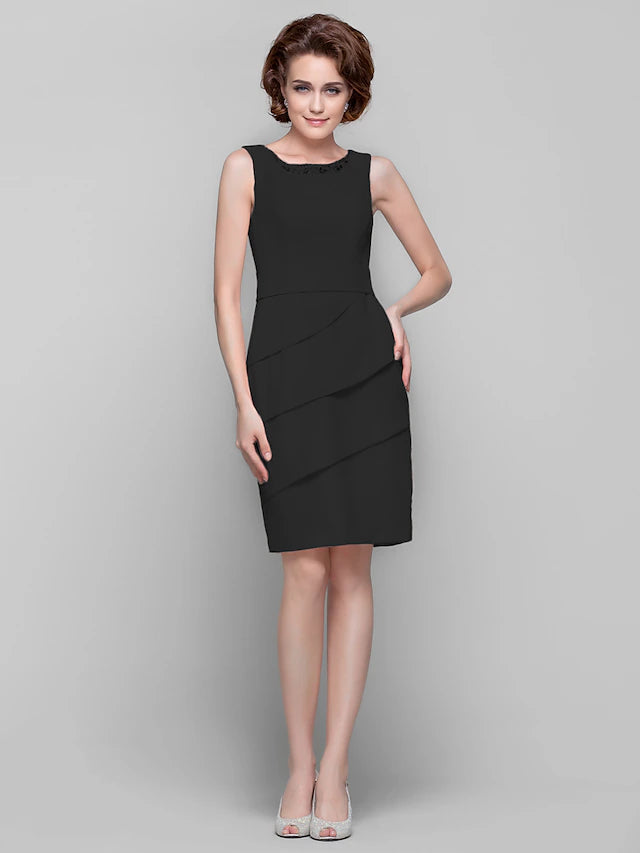 Luolandi Sheath / Column Mother of the Bride Dress Jewel Neck Knee Length Chiffon Sleeveless with Crystals Beading