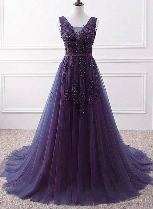 Luolandi Purple Tulle Beaded Long Formal Party Dress Evening Dress A Line Sleeveless Prom Dress with Appliques
