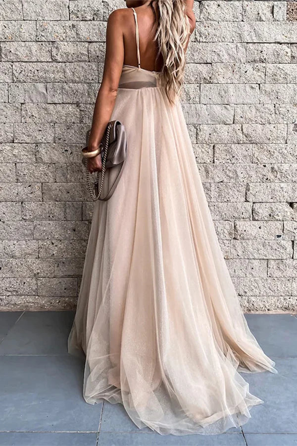 Luolandi Sexy formal attire solid color mesh V-neck evening dress Floor Length