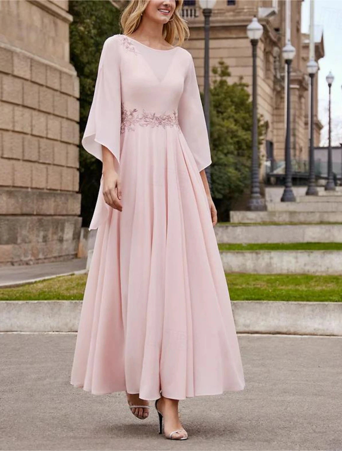 Luolandi A-Line Mother of the Bride Dress Kentucky Elegant Dresses Formal Wedding Guest Elegant Elegant Dress Bateau Neck Ankle Length Chiffon 3/4 Length Sleeve with Beading