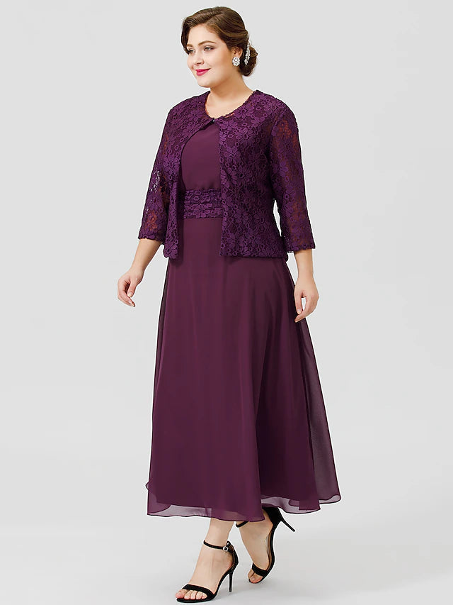 Luolandi A-Line Mother of the Bride Dress Formal Classic & Timeless Elegant & Luxurious Plus Size Scoop Neck Tea Length Chiffon Floral Lace Sleeveless yes with Sash / Ribbon