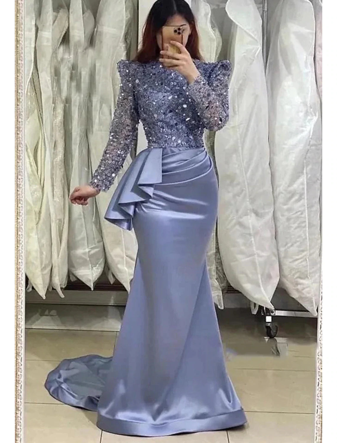 Luolandi Sheath / Column Long Sleeves Evening Gown Elegant Prom Dress Sparkly Formal Dress
