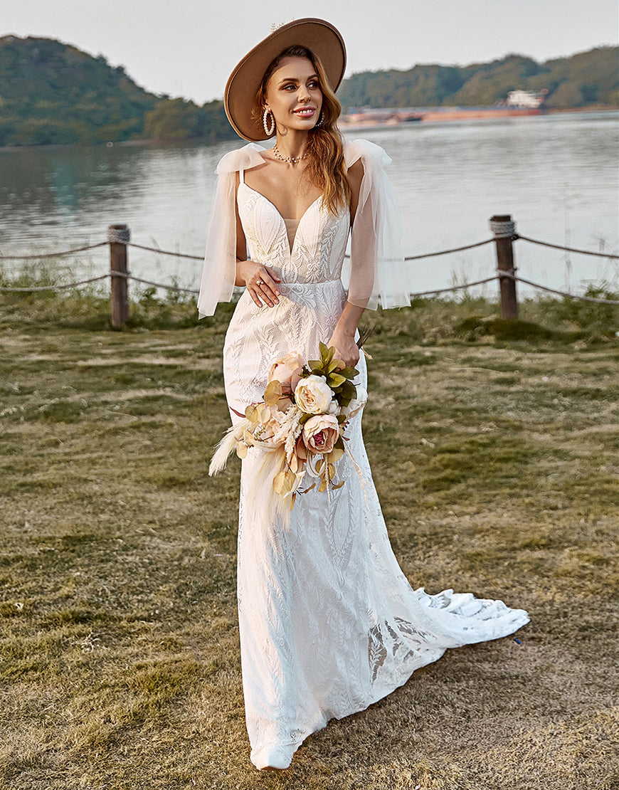 Luolandi Ivory Mermaid Lace Sweep Train Boho Wedding Dress Floor Length Sexy