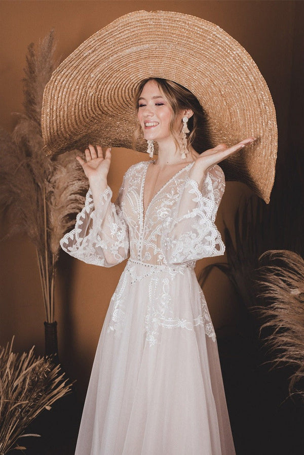 Luolandi A-Line Lace Top Flare Sleeves Open Back Wedding Dress Beautiful