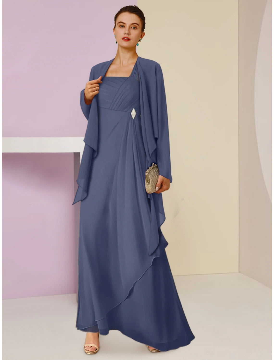 Luolandi A-Line Mother of the Bride Dress Wedding Guest Elegant Square Neck Ankle Length Chiffon Long Sleeve with Crystal Brooch