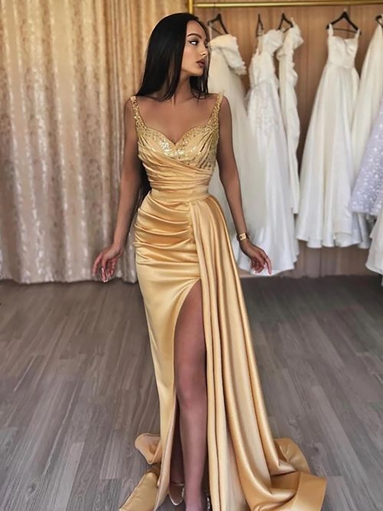 Luolandi Charming Sparkly Satin Sleeveless Long Prom Dress Sexy Evening Dresses