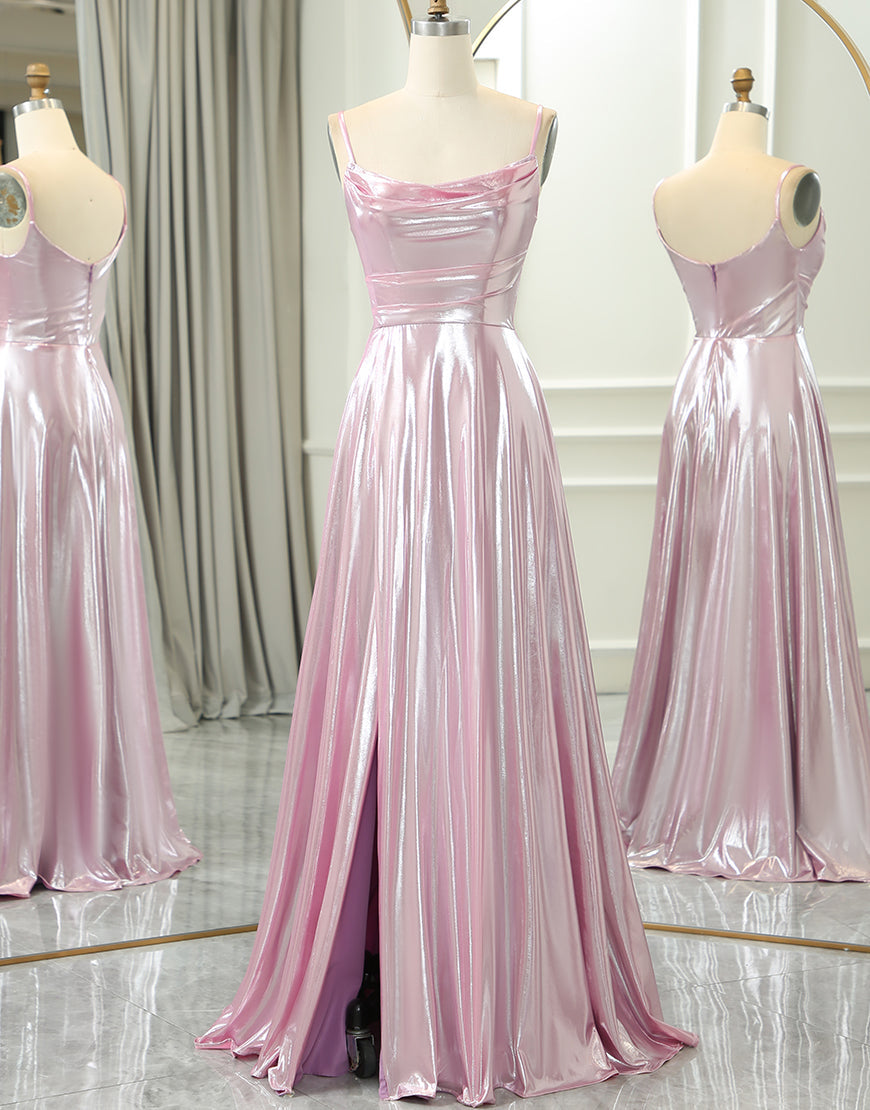 Luolandi Sparkly Pink A Line Spaghetti Straps Long Prom Dress Sexy Evening Dresses