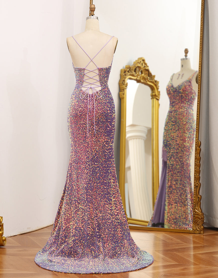 Luolandi Sparkly Light Purple Lace-Up Back Sequins Long Prom Dress with Fringes Sexy