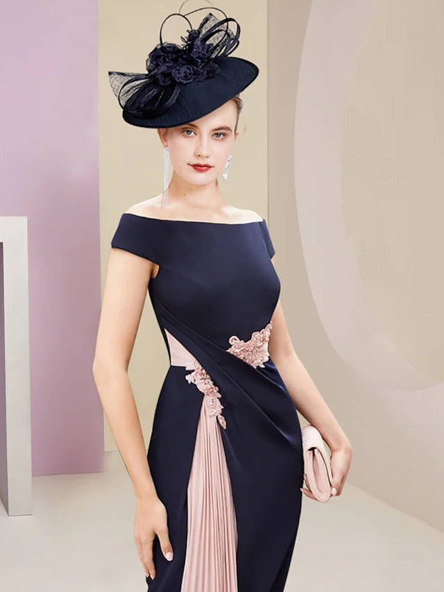 Luolandi Two Piece Mother of the Bride Dress Wedding Guest Elegant Jewel Neck Knee Length Fabric 3/4 Length Sleeve with Pleats