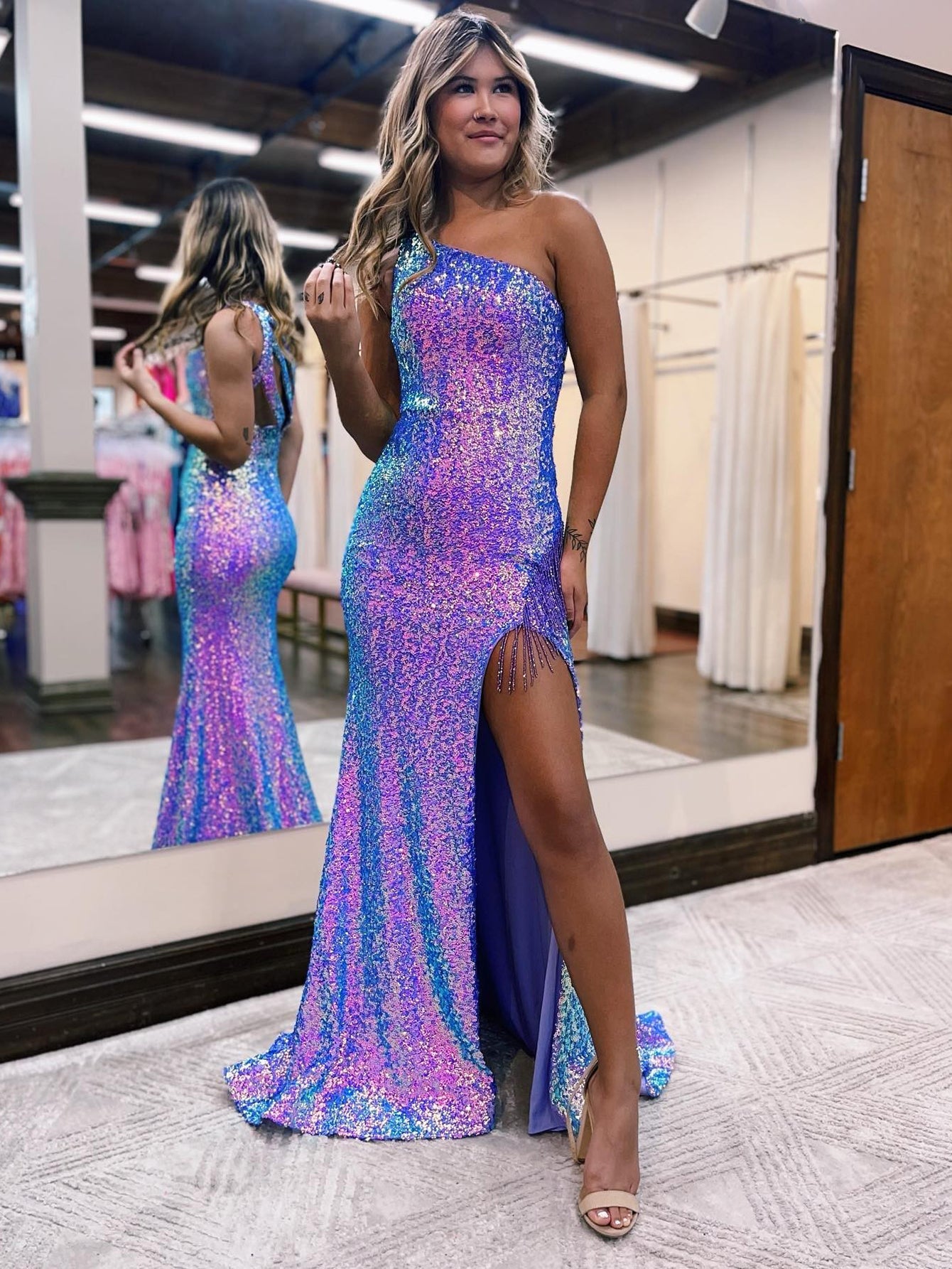 Luolandi Mermaid One Shoulder Sequin Prom Dress with Slit Sexy Sparkly Evening Dresses