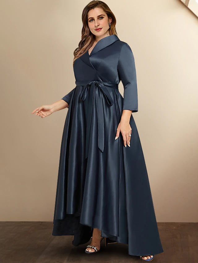 Luolandi A-Line Plus Size Curve Mother of the Bride Dresses High Low Dress Formal Asymmetrical 3/4 Length Sleeve Shirt Collar Satin with Bow(s)