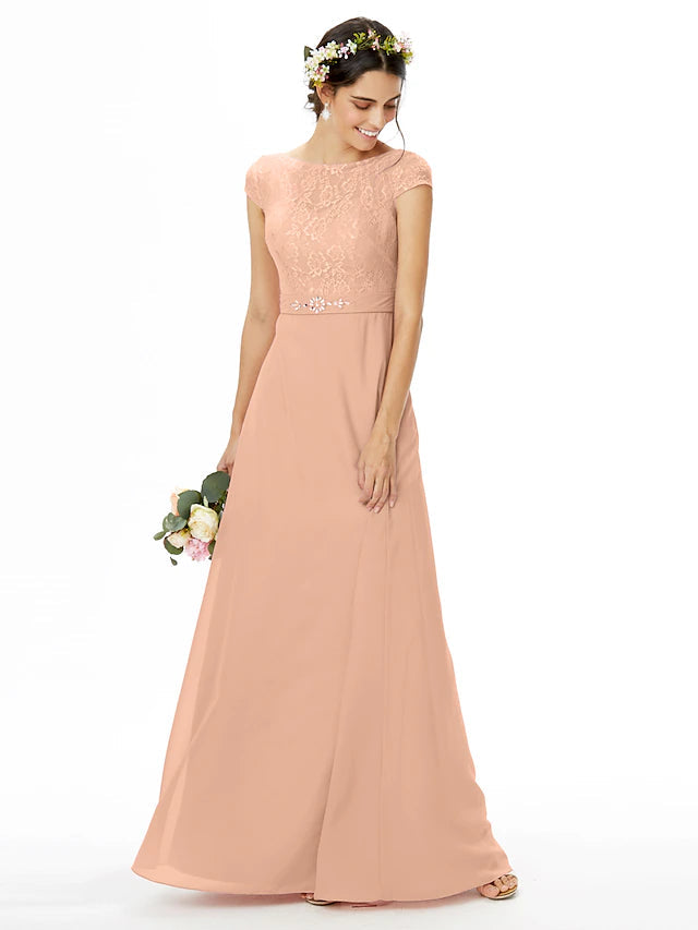 Luolandi Sheath / Column Bridesmaid Dress Bateau Neck Short Sleeve Elegant Floor Length Chiffon / Lace with Lace / Sash / Ribbon