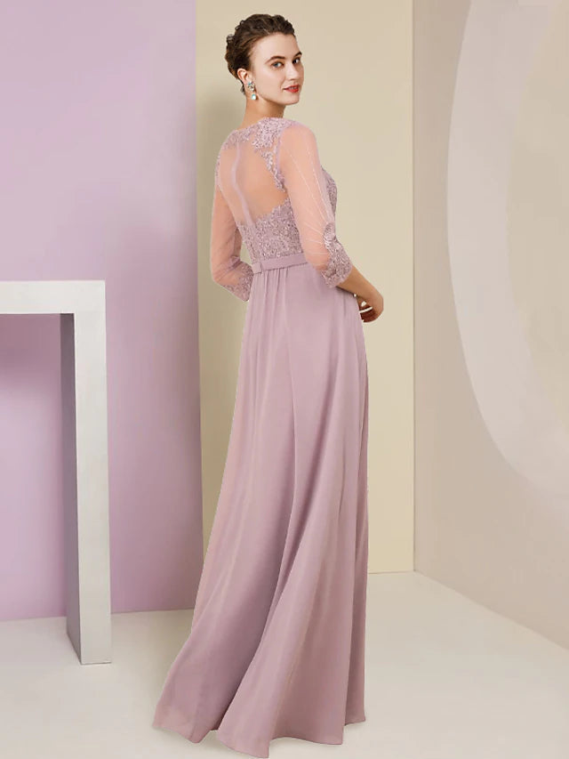 Luolandi A-Line Mother of the Bride Dress Formal Wedding Guest Elegant V Neck Floor Length Chiffon Lace 3/4 Length Sleeve