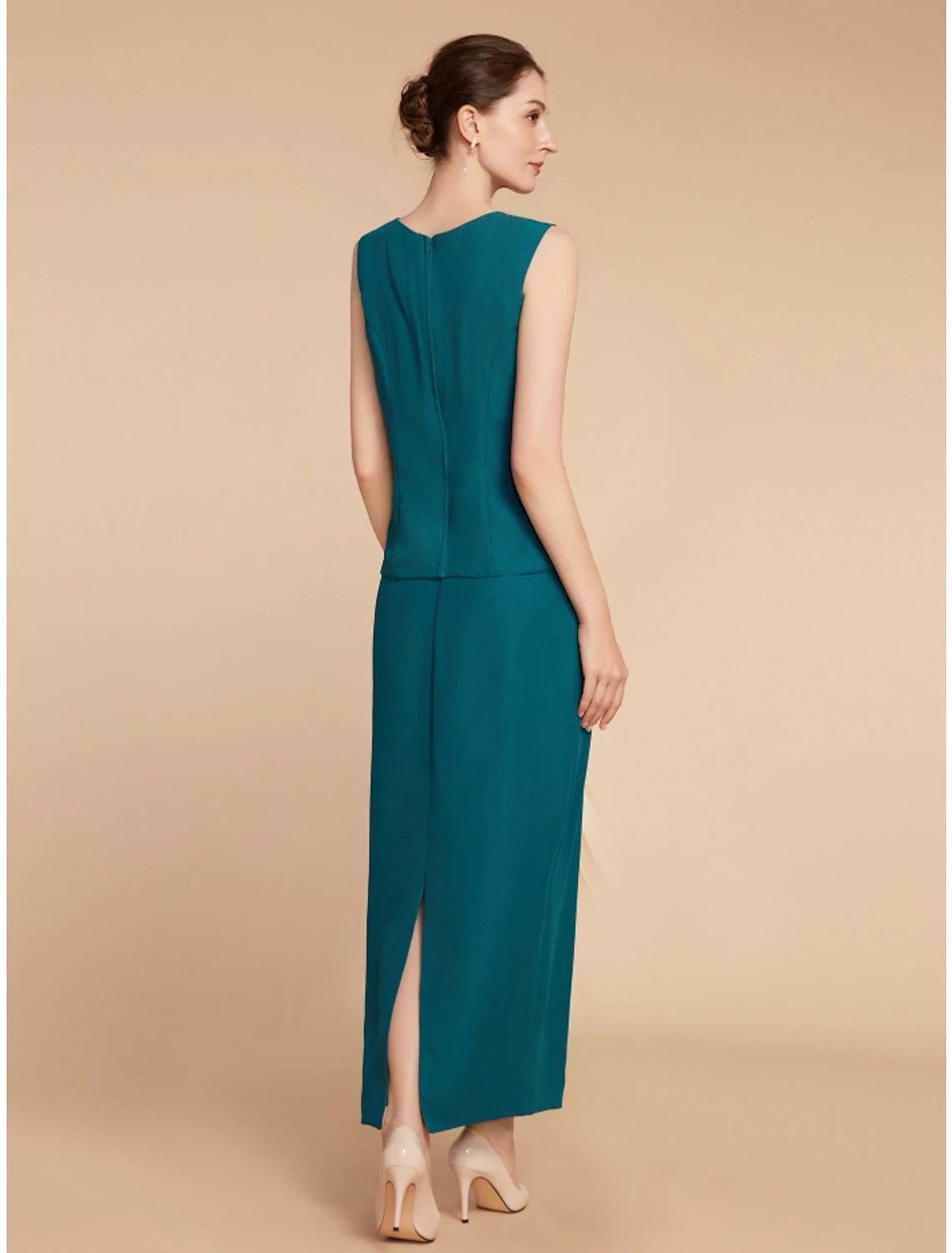 Luolandi Sheath / Column Mother of the Bride Dress Wedding Guest Elegant Simple Jewel Neck Ankle Length Chiffon Long Sleeve with Split Front Ruching